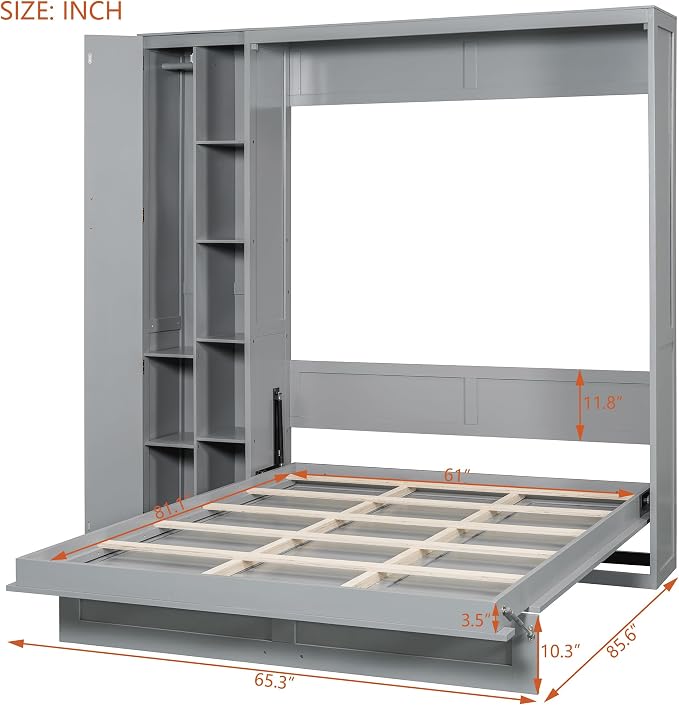Merax Queen Size Murphy Bed Wall Bed with Shelves, Drawers and LED Lights,Gray