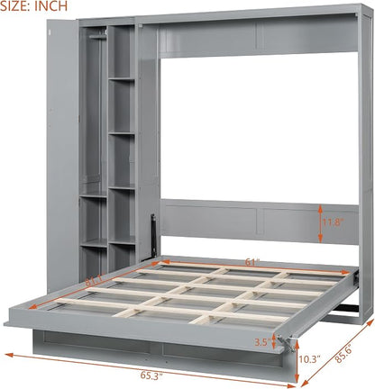 Merax Queen Size Murphy Bed Wall Bed with Shelves, Drawers and LED Lights,Gray
