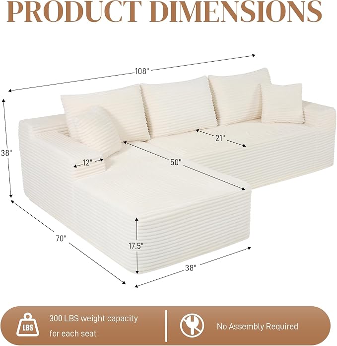 108" L Shaped Cloud Boneless Sectional Couches for Living Room, Modern Comfy Modular Deep Seat Memory Foam Compressed Corduroy Sofa Oversized Left Facing Chaise, No Assembly Required, White