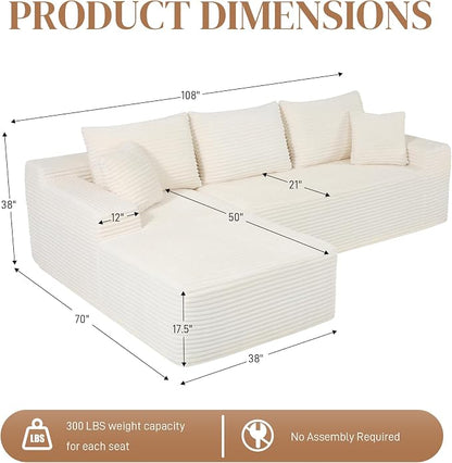 108" L Shaped Cloud Boneless Sectional Couches for Living Room, Modern Comfy Modular Deep Seat Memory Foam Compressed Corduroy Sofa Oversized Left Facing Chaise, No Assembly Required, White