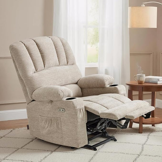 MCombo Power Lift Recliner Chair for Elderly, Lift Chair with Heat and Massage, USB &Type C Ports, Cup Holders, Fabric 7095 (Medium, Beige)