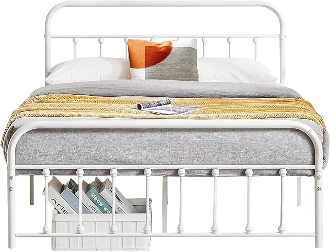VECELO Classic White Victorian Style Metal Bed Frame with Headboard and Footboard Under Bed Storage No Box Spring Needed Strong Slat Suppor Bed Frame Full Size