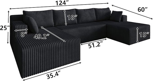 124 Inch Oversized Boneless Sectional Sofa Cloud Couch for Living Room - Symmetrical U Shaped Modular Couches Set with Double Chaise, No Assembly Floor Compression Sofa & Couch