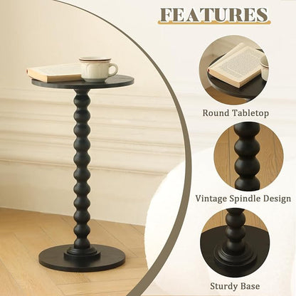 Fultyle Round Side Table, Small Drink Table for Small Spaces, Modern Accent End Table Nightstand with Solid Wood Leg for Living Room, Bedroom, Corners, and Office (Black)