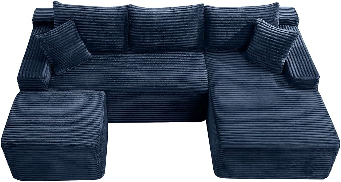 95-Inch U-Shaped Right Facing Corner Compressed Sofa Modular Sectional Boneless Cloud Sofa Floor Foam Couch W/Chaise Lounge & Ottoman, Corduroy Corner Boneless Cloud Couch