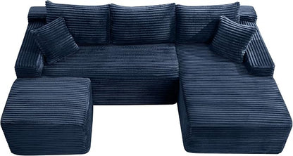 95-Inch U-Shaped Right Facing Corner Compressed Sofa Modular Sectional Boneless Cloud Sofa Floor Foam Couch W/Chaise Lounge & Ottoman, Corduroy Corner Boneless Cloud Couch