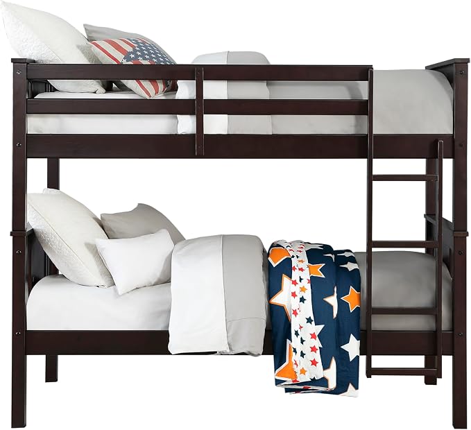 DHP Dylan Convertible Wood Bunk Bed, Stackable and Detachable Bed Frames for Kids and Teens, with Ladder, High Guardrail, Wood Slats, No Boxspring Required, Twin-Over-Twin, Espresso