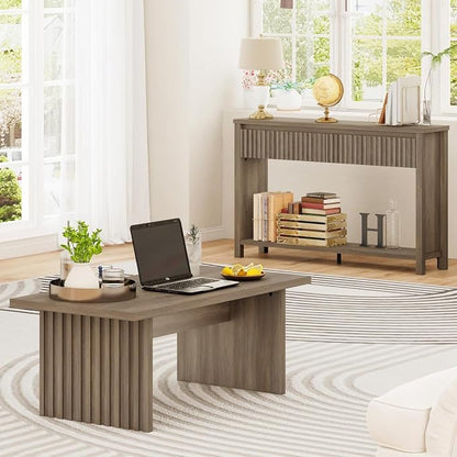BON AUGURE 43 Inch Coffee Table, Fluted Wood Living Room Tables, Rectangle Gray Coffee Tables for Living Room, Grey Center Table for Home, Office (Greige Oak)