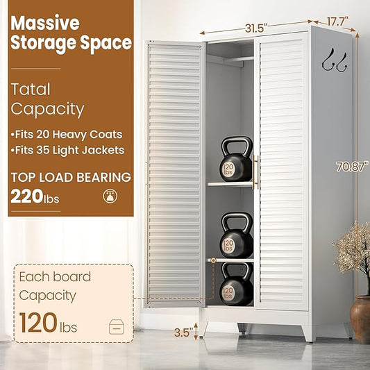 Metal Armoire Wardrobe Closet, 71" Clothing Storage Cabinets with Adjustable Hanging Rod, Louvered Doors, 2 Side Hooks & 2 Adjustable Shelves - Closet Cabinet for Bedroom, Laundry Room, Cloak Room