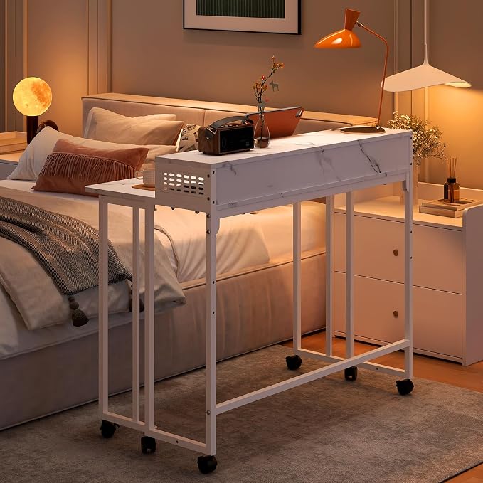 Gezen Folding Desk With Storage Shelf, Small Rolling With Wheels, Mobile Couch Sofa Side Table Bed for Home Office Small Space, White Marble, 39.4"