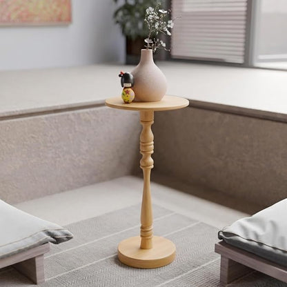 Relso Stambha Solid Wood Drink Table - 24" Tall Round Accent Side Table, Handcrafted Natural Finish, Mango Wood, Perfect for Living Room, Bedroom or Indoor Plant Stand, 12" Compact Top