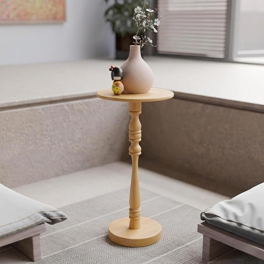 Relso Stambha Solid Wood Drink Table - 24" Tall Round Accent Side Table, Handcrafted Natural Finish, Mango Wood, Perfect for Living Room, Bedroom or Indoor Plant Stand, 12" Compact Top