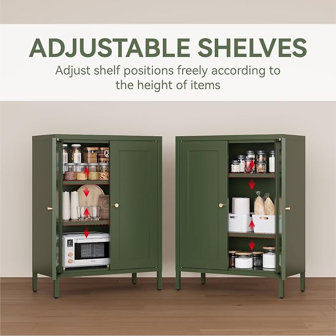 Metal Bathroom Cabinet, Small Floor Storage Cabinet, Freestanding Sideboard with 2 Adjustable Shelves for Living Room, Dining Room