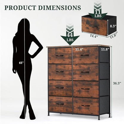 8-Drawer Dresser for Bedroom, Anti-Tip Tall Storage Organizer Chest of Drawers with Wooden Top and Metal Frame Fabric Bins for Closet, Living Room, Hallway, Entryway, Brown