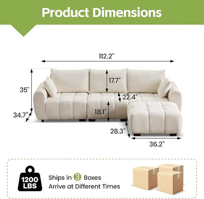 112" L Shaped Modular Sectional Sofa, Beige Chenille Cloud Couch, Modern Upholstered 4 Seater Couch with Removable Ottoman, Tufted Deep Seat & Wood Legs, Sectional Couches for Living Room Apartment