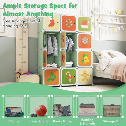 HONEY JOY Kids Wardrobe Closet, Baby Cartoon Clothes Storage Organizer, 12 Cubes & 2 Hanging Sections, Portable Children DIY Modular Bedroom Armoire Dresser Cabinet for Boys Girls (Green)