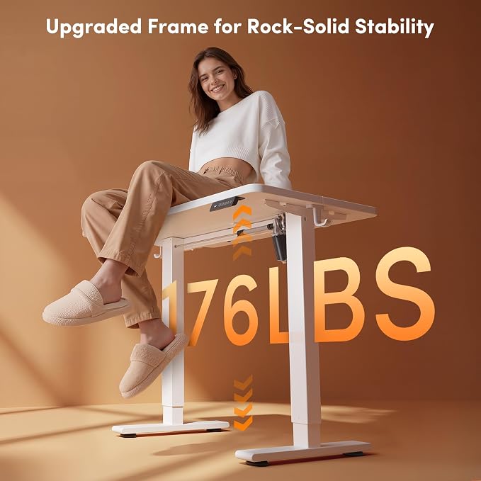 FEZIBO Small Standing Desk, 32 × 19 Inches Electric Height Adjustable, Sit and Stand Up, Computer Office Desk with Splice Board, White Frame/White Top