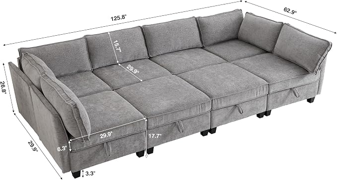 ORRD Oversize Sleeper Modular Sectional Sofa Set, Convertible Couch Bed with Storage, 8 Seater Sofa Modular for Living Room, Office (Grey)