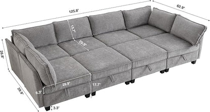 ORRD Oversize Sleeper Modular Sectional Sofa Set, Convertible Couch Bed with Storage, 8 Seater Sofa Modular for Living Room, Office (Grey)