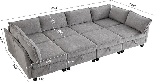 ORRD Oversize Sleeper Modular Sectional Sofa Set, Convertible Couch Bed with Storage, 8 Seater Sofa Modular for Living Room, Office (Grey)