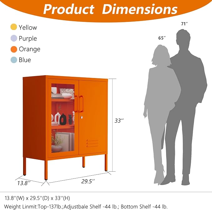 Lockable Metal Storage Cabinet Locker Adjustable Shelves, Modern Cabinets Versatile Storage Lockers Easy Assembly Durable Metal Sideboard Furniture for Living Room Home Office Orange