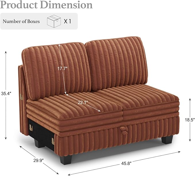 Belffin Corduroy Fabric Loveseat Module for Modular Sectional Couch for Living Room 2 Seater Modular with Storage Brick Red Couch