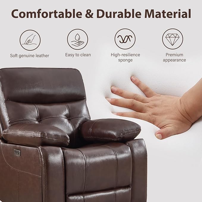 CANMOV Genuine Leather Power Reclining Sofa Set, Power Recliner Sofa and Loveseat Set, 2 Pieces Leather Couch with Storage Console, USB Ports, Cup Holders for Living Room,Dark Brown