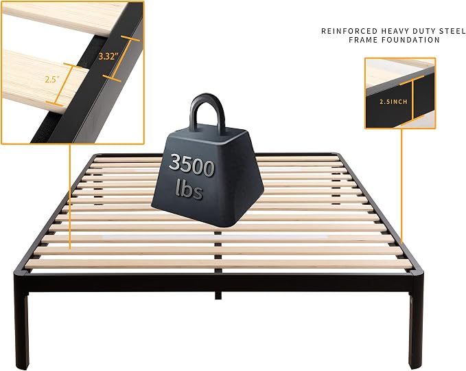 MAF Metal 18 Inch Full Size Platform Bed Frame with Anti-Collision Round Legs, Black 3500 Lbs Heavy Duty Bed Frame with Wood Slats, No Box Spring Needed, Easy Assembly