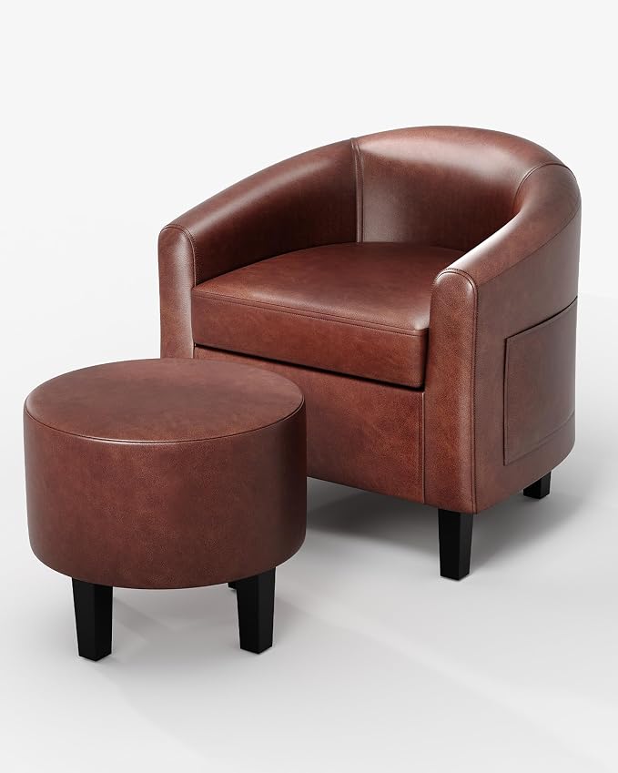 GarveeHome Accent Chair with Ottoman, Faux Leather Barrel Chair, Corner Chair with Stool, Mid-Century Upholstered Living Room Chairs, Brown
