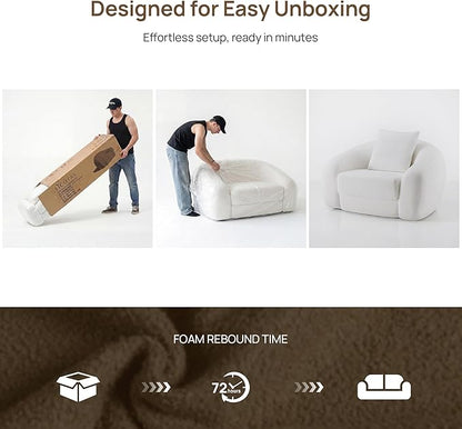 SICOTAS 49.9" Curved Convertible Sofa Couch Bed for Living Room Futon Cloud Boneless Sleeper Chair Pull Out Floor Couch with Deep Seat Single Sofa Foam Lounger No Assembly for Bedroom Apartment, White