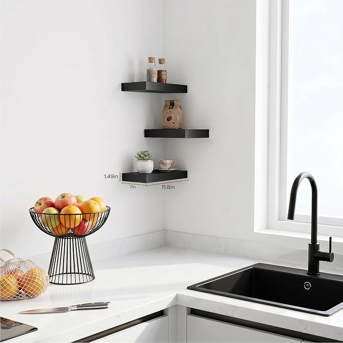 Black Floating Shelves for Wall,Wood Shelves for Bathroom, Living Room, Bedroom and Kitchen,Wall Shelves for Books,Room Decor&Storage(Set of 3, 11.8 Inch)