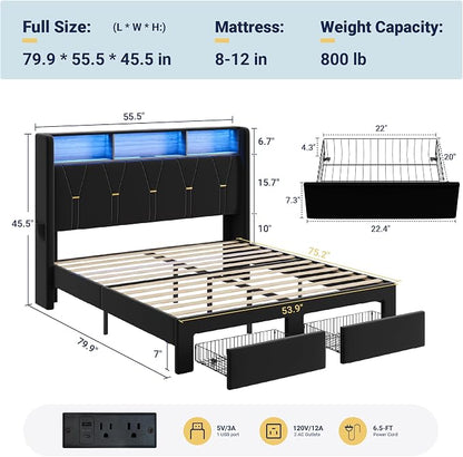 Allewie Full Bed Frame with 2-Tier Storage Headboard, Charging Station & LED Lights, Velvet Upholstered Platform Bed with 2 Drawers, Wingback Headboard, Gold Button Tufted, No Box Spring Needed, Black