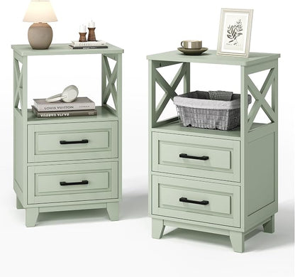 May in Color Nightstand Set of 2, 30" Tall Side Table with 2 Drawers and Open Shelf, Bedside Table with Solid Feet, Modern Night Stand End Table for Bedroom, Home Office, Green
