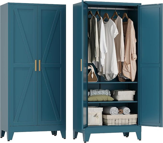 YAUWOH Farmhouse Wardrobe Cabinet,Metal Wardrobe Closet with Hanging Rod,Metal Armoire with Adjustable Shelves for Bedroom,Cloak Room,Office (Blue)