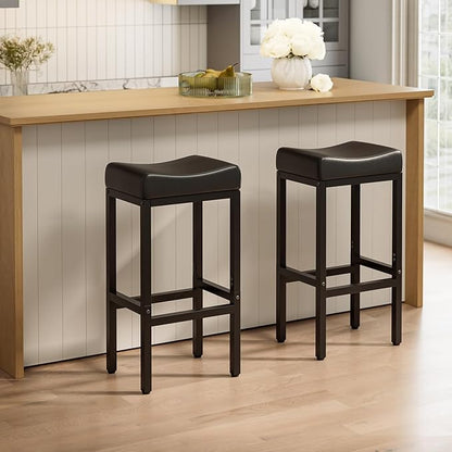 Bar Stools Set of 2-29 Inch Counter Height Chairs for Kitchen Island, Leather Seat with 400 LBS Heavy-Duty Metal Frame and Adjustable Feet, Easy to Assemble for Bar, Café or Dining Room,Black