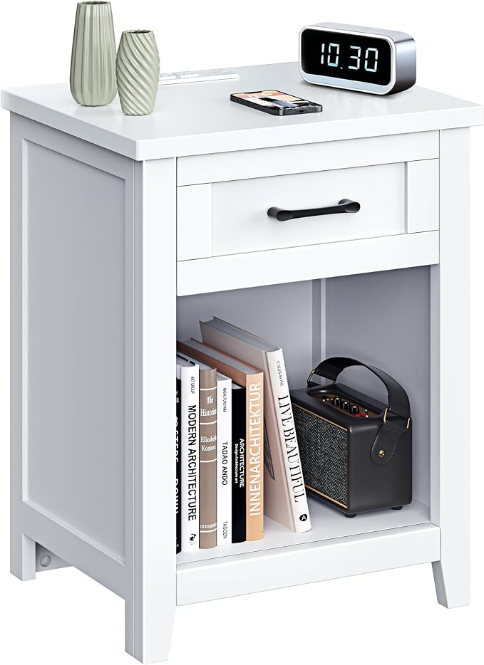 Decofy Farmhouse Nightstand with Charging Station & Large Storage, Modern End Tables with Outlets, USB Ports and Type-C Ports, Easy Assembly for Bedroom (Pure White)