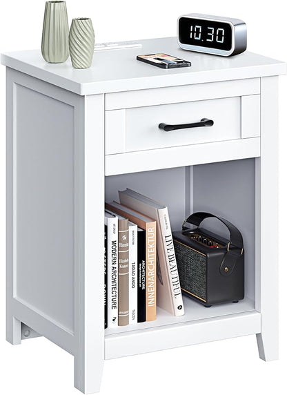 Decofy Farmhouse Nightstand with Charging Station & Large Storage, Modern End Tables with Outlets, USB Ports and Type-C Ports, Easy Assembly for Bedroom (Pure White)