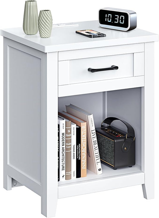 Decofy Farmhouse Nightstand with Charging Station & Large Storage, Modern End Tables with Outlets, USB Ports and Type-C Ports, Easy Assembly for Bedroom (Pure White)
