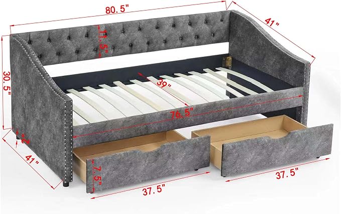 KEIKI Twin Size Upholstery Daybed with 2 Drawers and Headboard, Mid-Century Style Tufted Sofa Bed with Button on Back, Easy Assembly, No Box Spring Required, for Living Room and Bedroom, Dark Grey