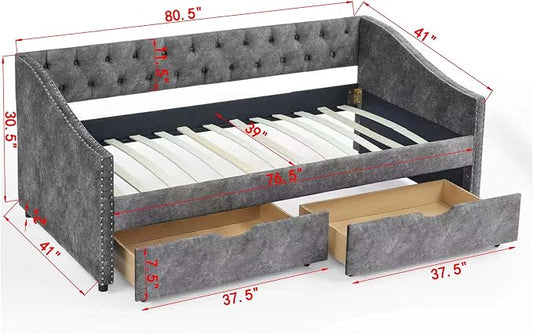 KEIKI Twin Size Upholstery Daybed with 2 Drawers and Headboard, Mid-Century Style Tufted Sofa Bed with Button on Back, Easy Assembly, No Box Spring Required, for Living Room and Bedroom, Dark Grey