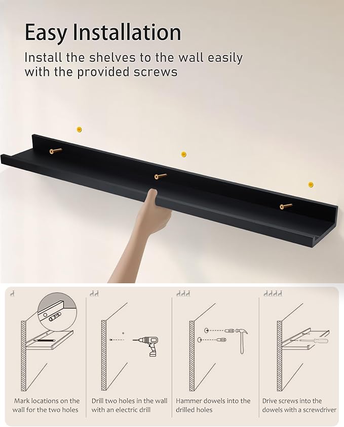 MBYD 36 Inch Floating Shelves Black, Wooden Picture Ledge Photo Shelf for Wall with Lip Set of 2, Wall Mount Display Nursery Shelf for Books, Vinyl Records, Bedroom Living Room Bathroom Kitchen Decor