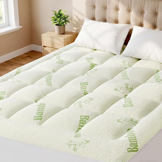 Sweetcrispy Ultra Soft Mattress Topper Full Size - Viscose Made from Bamboo Pillow Top Mattress Pad for Breathable Cooling & Back Pain Relief, Deep Pocket Comfort Bed Topper, Green