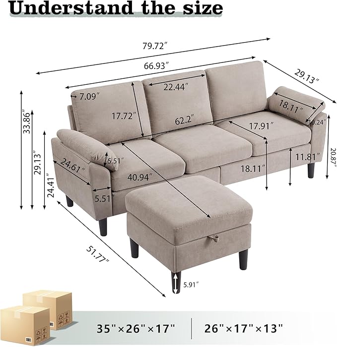 80" Convertible Sectional Sofa, Modern Linen Small L Shaped Couch with Reversible Chaise and Storage Ottoman, 3-Seat Sofa Couches for Living Room, Office, Apartment, Beige
