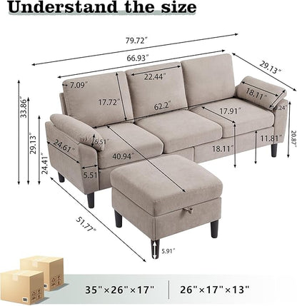 80" Convertible Sectional Sofa, Modern Linen Small L Shaped Couch with Reversible Chaise and Storage Ottoman, 3-Seat Sofa Couches for Living Room, Office, Apartment, Beige