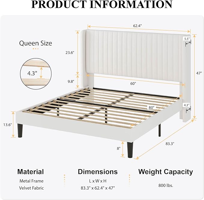 SHA CERLIN Queen Size Velvet Bed Frame with Vertical Channel Tufted Wingback Headboard, Upholstered Platform Bed with Wood Slats, No Box Spring Needed, Easy Assembly, White