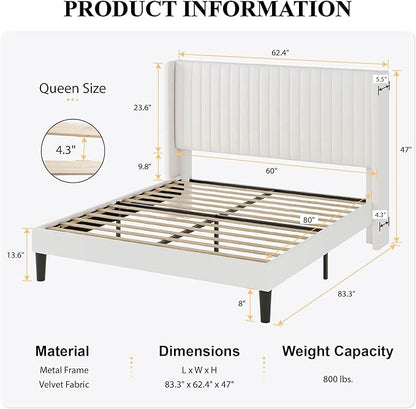 SHA CERLIN Queen Size Velvet Bed Frame with Vertical Channel Tufted Wingback Headboard, Upholstered Platform Bed with Wood Slats, No Box Spring Needed, Easy Assembly, White