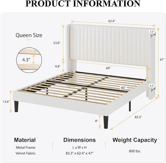 SHA CERLIN Queen Size Velvet Bed Frame with Vertical Channel Tufted Wingback Headboard, Upholstered Platform Bed with Wood Slats, No Box Spring Needed, Easy Assembly, White