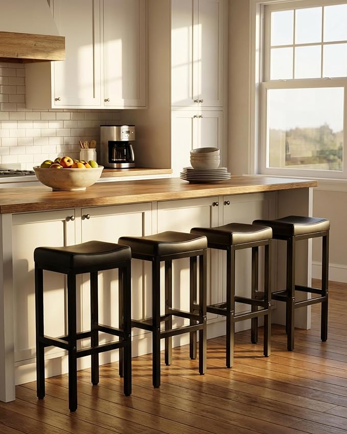 Bar Stools Set of 3-24 Inch Counter Height Chairs for Kitchen Island, Leather Seat with 400 LBS Heavy-Duty Metal Frame and Adjustable Feet, Easy to Assemble for Bar, Café or Dining Room,Black