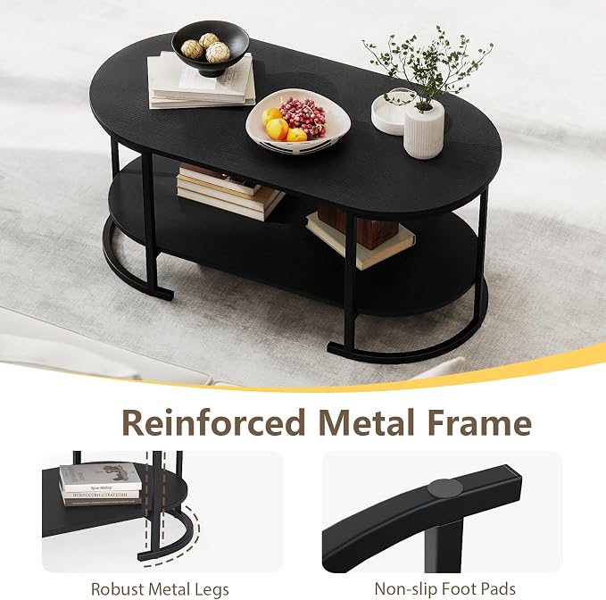 Giantex 2-Tier Coffee Table, Oval Center Table with Wood Grain Top & Open Storage Shelf, Modern Accent Table with Heavy Duty Metal Frame, Cocktail Table for Living Room Reception (Black)