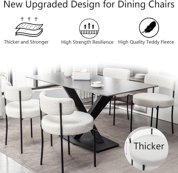 Cinxzar White Boucle Dining Chairs Set of 6, Upholstered Dining Room Chairs with Black Metal Legs, Round Modern Dining Chair for Dining Room, Kitchen